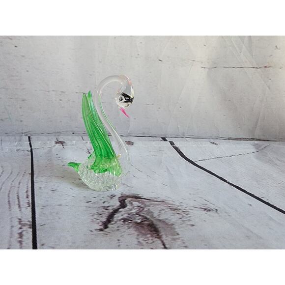 Vintage Miniature Spun Glass/Blown Glass Swan 2.5 Inch Tall Clear/Green - Picture 1 of 7